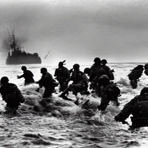 Image similar to the running soldiers in the sea in the d - day, by robert capa,