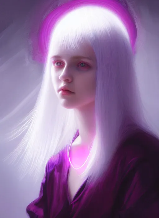 Prompt: hair whitebangs hair, white hair, whitebangsblackhair, portrait of teenage girl with white bangs, red irises, purple clothes, intricate, elegant, glowing lights, highly detailed, digital painting, artstation, concept art, sharp focus, illustration, art by wlop, mars ravelo and greg rutkowski