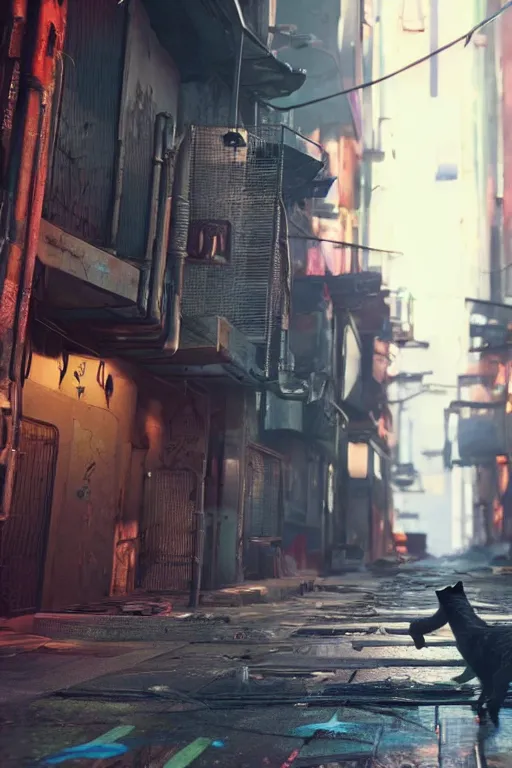 Prompt: stray cat walking through the alleys of a cyberpunk city, realistic, cinematic, ambient, unreal engine