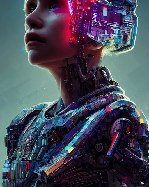 Image similar to portrait of Emilia Clarke as a cyborg. intricate abstract. intricate artwork. by Tooth Wu, wlop, beeple, dan mumford. octane render, trending on artstation, greg rutkowski very coherent symmetrical artwork. cinematic, hyper realism, high detail, octane render, 8k, iridescent accents
