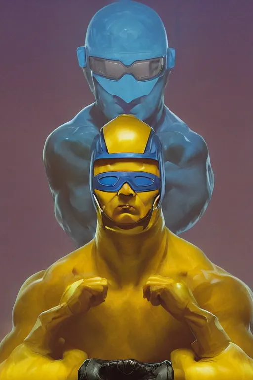 Image similar to marvel superhero, strong man with blue and yellow costume, goggles and leather helmet, yellow boots, yellow gloves, detailed portrait, action in background 8 k, concept art, painted by zdzislaw beksinski and artgerm and greg rutkowski and alphonse mucha, cinematic dramatic atmosphere, sharp focus, volumetric lighting, cinematic lighting, studio quality