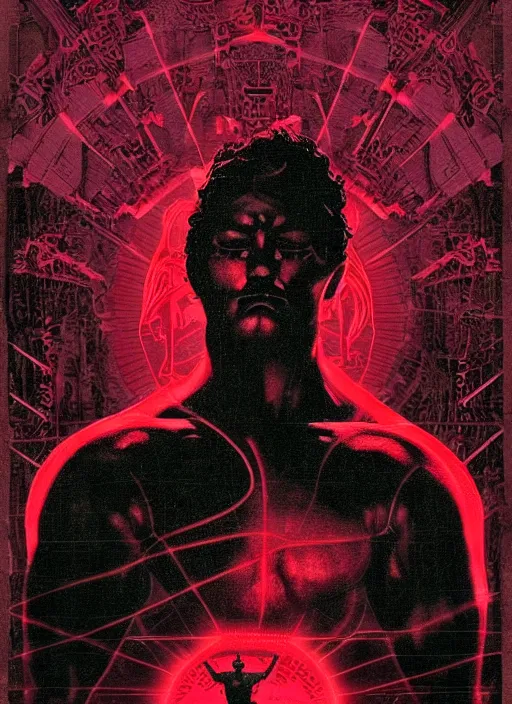 Prompt: dark design poster showing a statue of hercules, black background with very subtle red and purple design elements, powerful, nekro, guido crepax, graphic design, thin lines, dark, glitch art, neo vaporwave, gritty, layout frame, square, trending on artstation