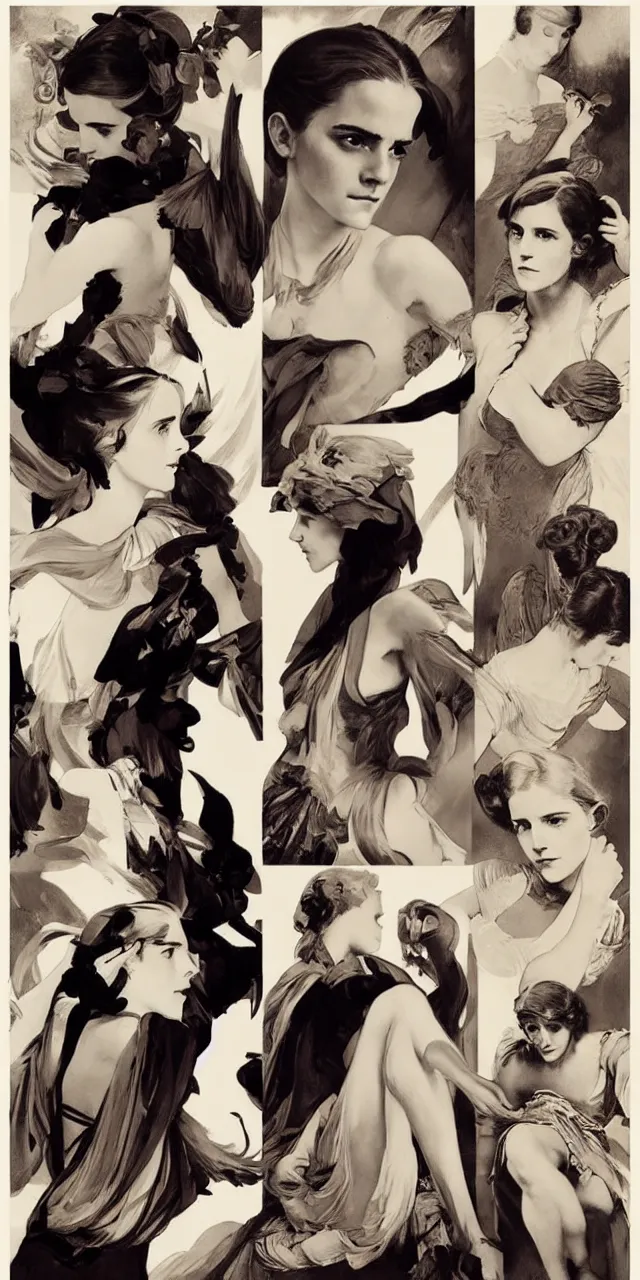 Prompt: emma watson stretching southern belle sketch greg rutkowski alphonse mucha cecil beaton lee miller irving penn david bailey