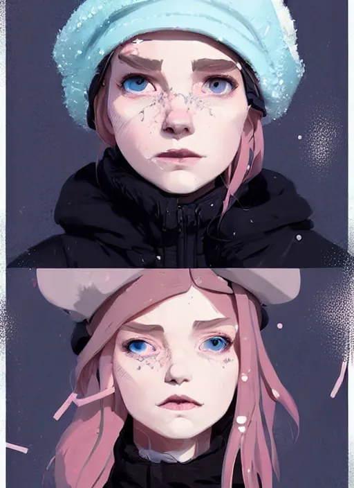 Image similar to highly detailed portrait of a sewer punk lady student, blue eyes, winter jacket, hat, white hair by atey ghailan, by greg rutkowski, by greg tocchini, by james gilleard, by joe fenton, by kaethe butcher, gradient pink, black, brown and light blue color scheme, grunge aesthetic!!! ( ( snowy graffiti tag wall background ) )