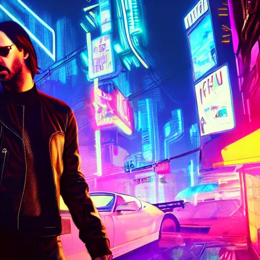 Image similar to Keanu Reeves on neon street in Cyberpunk 2077 Game, synthwave, artstation art, night, professional light