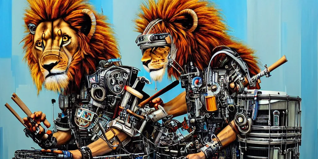 Image similar to a portrait of an anthropomorphic cyberpunk lion playing the drums by sandra chevrier, by jon foster, detailed render, tape deck, epic composition, cybernetics, 4 k realistic, cryengine, realistic shaded lighting, sharp focus, masterpiece, by enki bilal