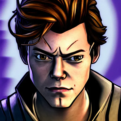 Image similar to harry styles portrait, borderlands, tales from the borderlands, the wolf among us, comic, cinematic lighting, studio quality, 8 k