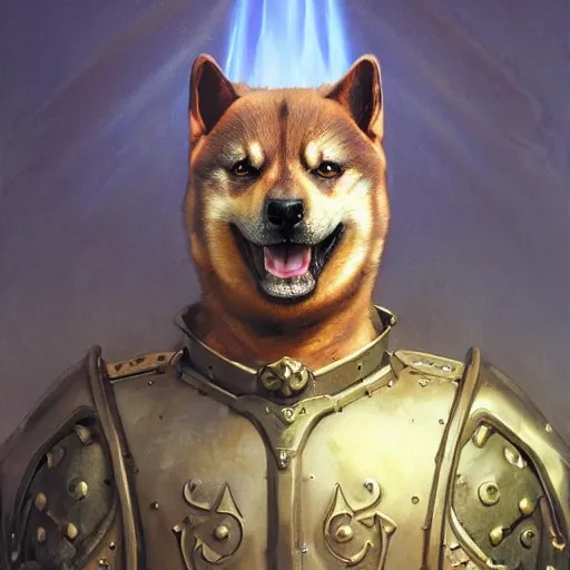 Image similar to paladin black armor, anthropomorphic shiba inu, shiba inu face, stuning 3 d render, masterpiece, glowing holy aura, by donato giancola and greg rutkowski and wayne barlow and zdzisław beksinski, realistic face