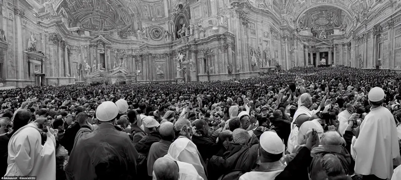 Image similar to Surprised Priests Watching the Landing of an Alien Ship in the Middle of the Vatican Square, Very Restless and Dramatic Atmosphere, Realism, Detailed Journalistic Photography