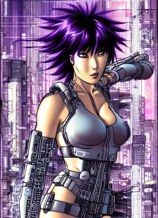 Image similar to motoko kusanagi in grungy cyberpunk megacity, intricate and finely detailed, cyberpunk vaporwave, portrait by j scott campbell