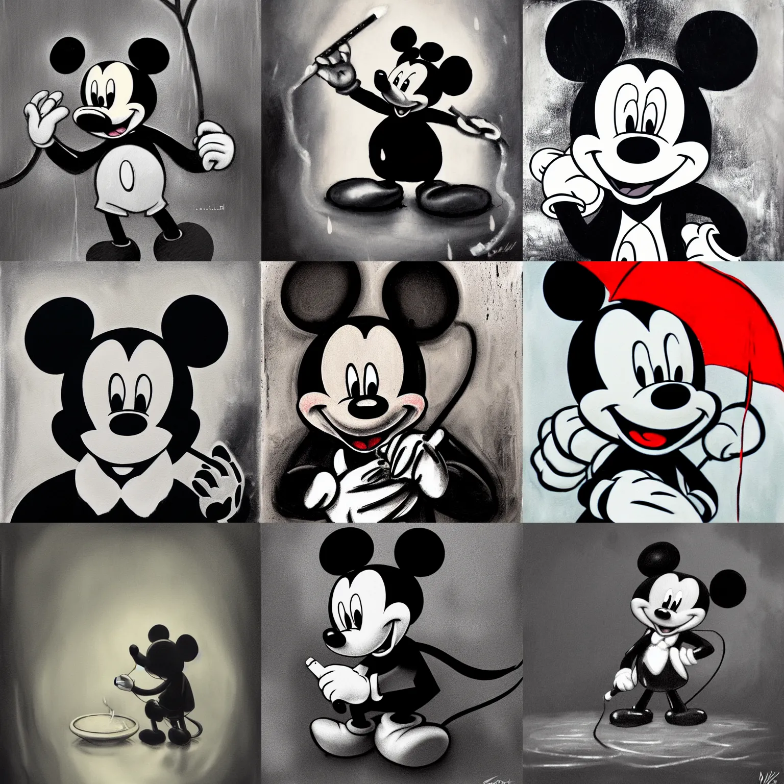 Prompt: sad mickey mouse having a smoke in the rain, portrait, oil painting, dramatic, black and white, gritty