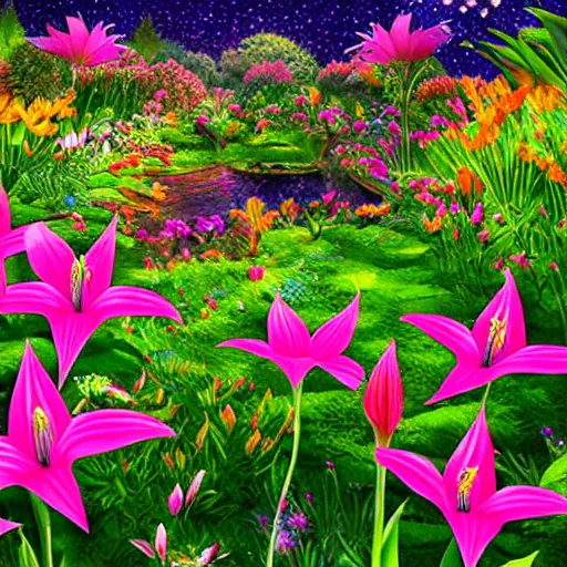 Prompt: a garden of starlight lillies, blue sky, detailed, photo-realistic