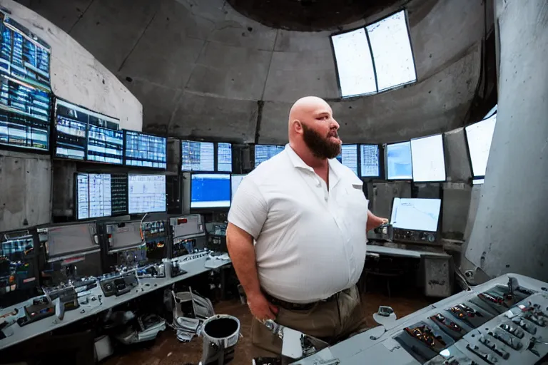 Image similar to heavyset bald man wearing a white shortsleeved shirt and blue jeans working in a nuclear silo control room by Emmanuel Lubezki