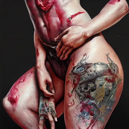 Prompt: portrait painting of a muscular bloodied dark nepali female butcher thighs, tattooed, scars, ultra realistic, concept art, intricate details, eerie, highly detailed, photorealistic, octane render, 8 k, unreal engine. art by artgerm and greg rutkowski and alphonse mucha