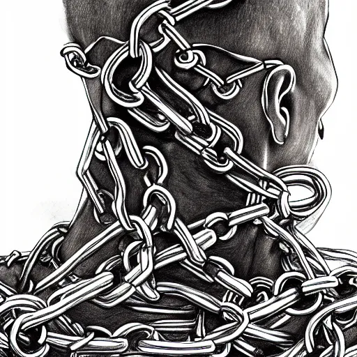 Image similar to A PORTRAIT FROM BEHIND OF A MAN ,THE THE MAN IS WRAPPED IN CHAINS ,detailed, concept art, ink style , sketch