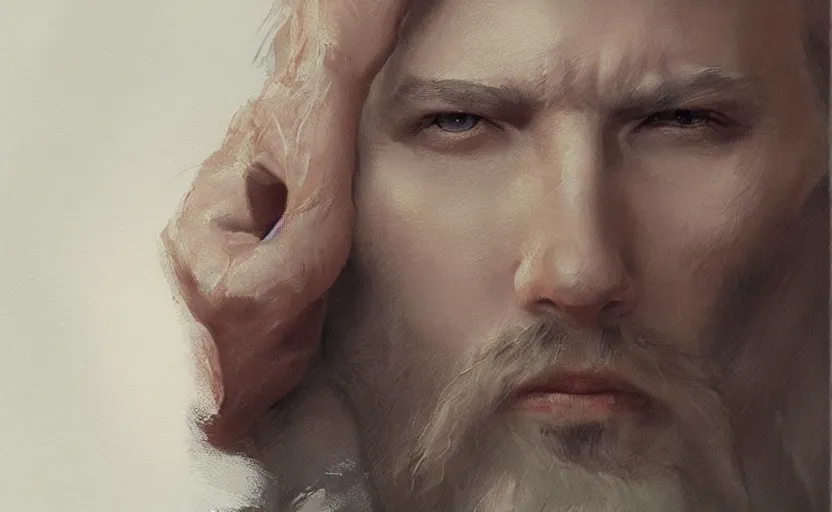 Prompt: a painting of the all father trending on artstation in the style of greg rutkowski, beautiful, male, sensual, natural skin, beard