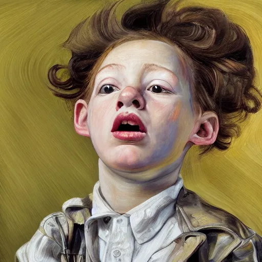 Image similar to high quality high detail painting by lucian freud, hd, excited girl portrait, low angle, photorealistic lighting