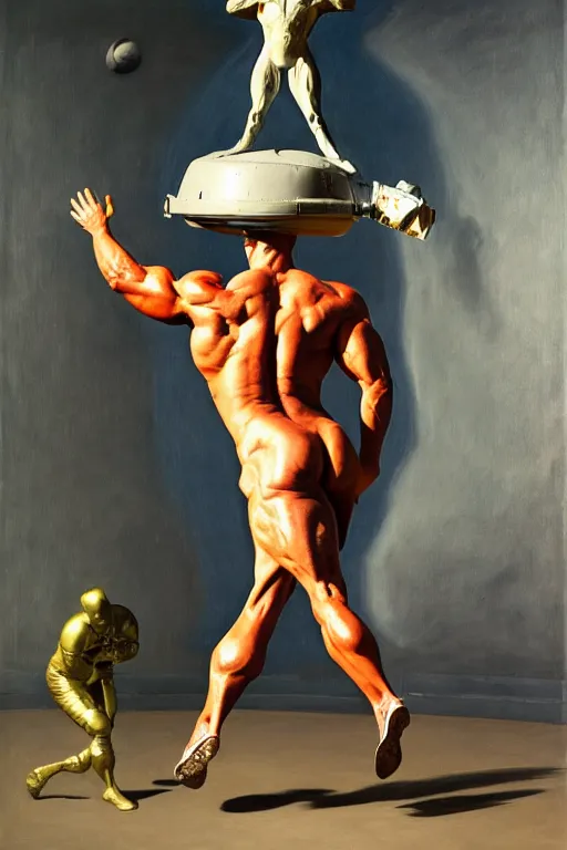 Image similar to bodybuilder in an astronaut helmet and costume lifts a statue of a horse, highly detailed painting by francis bacon, edward hopper, adrian ghenie, gerhard richter, and james jean soft light 4 k,