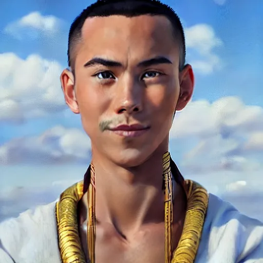 Prompt: beautiful serene intricate portrait of sokka from the water tribe as a young inuit man with blue eyes, smiling softly, relaxing on the beach, golden hour, soft focus, 8 k, art by irakli nadar, hyperrealism, hyperdetailed, ultra realistic