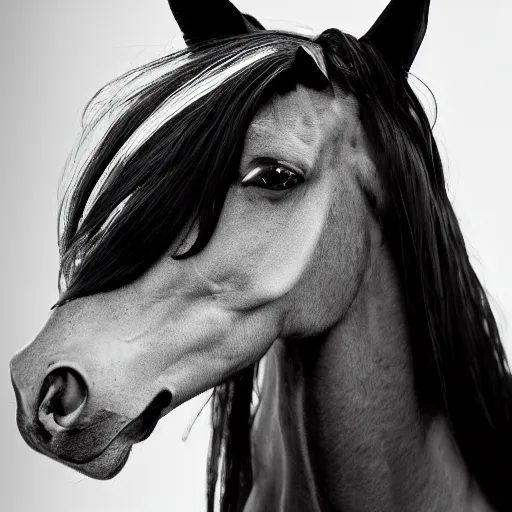 Prompt: beautiful professional black and white portrait photograph of lady gaga as a horse, hyperrealistic, studio lighting, stunning, 4 k