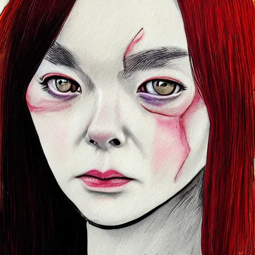 Prompt: professional painting of Elle Fanning in the style of Junji Ito’s Tomie, head and shoulders portrait, symmetrical facial features, smooth, sharp focus, illustration, intricate, stormy weather, extremely detailed masterpiece,