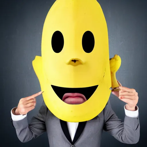 Image similar to a person with a banana head wearing a business suit