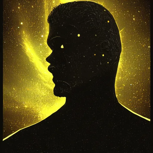 Image similar to silhouette of man, filled with deep space field of stars, award-winning portrait, fantasy horror, trending on artstation, 8k, 4k, pixiv, matte finish, highly detailed