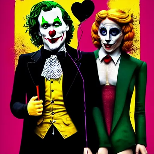 Image similar to ilya yefimovich repin and mimmo rottela and banksy as joaquin phoenix skinny joker, holding lady gaga harley queen hand, ultra photorealistic, intricate details, pop art style, concept art, confident posse, justify content center, 2 colours, warm color, 4 k, 4 d, ultra smooth, sharp focus,