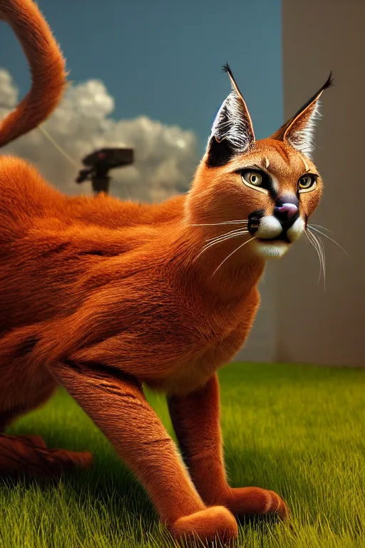 Prompt: caracal cat in the form of a cyborg, ultra hd, unreal 5, DAZ, hyperrealistic, octane render, cosplay, RPG portrait, dynamic lighting, intricate detail, summer vibrancy, cinematic, background by gerald and andrei tarkovsky