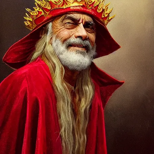 Image similar to stoner King Tommy Chong wears a doublet whilst wearing a red velvet cape and golden crown edward julius detmold jehan choo jeff simpson arkhip kuindzhi raphael lacoste guillem h. pongiluppi grisaille