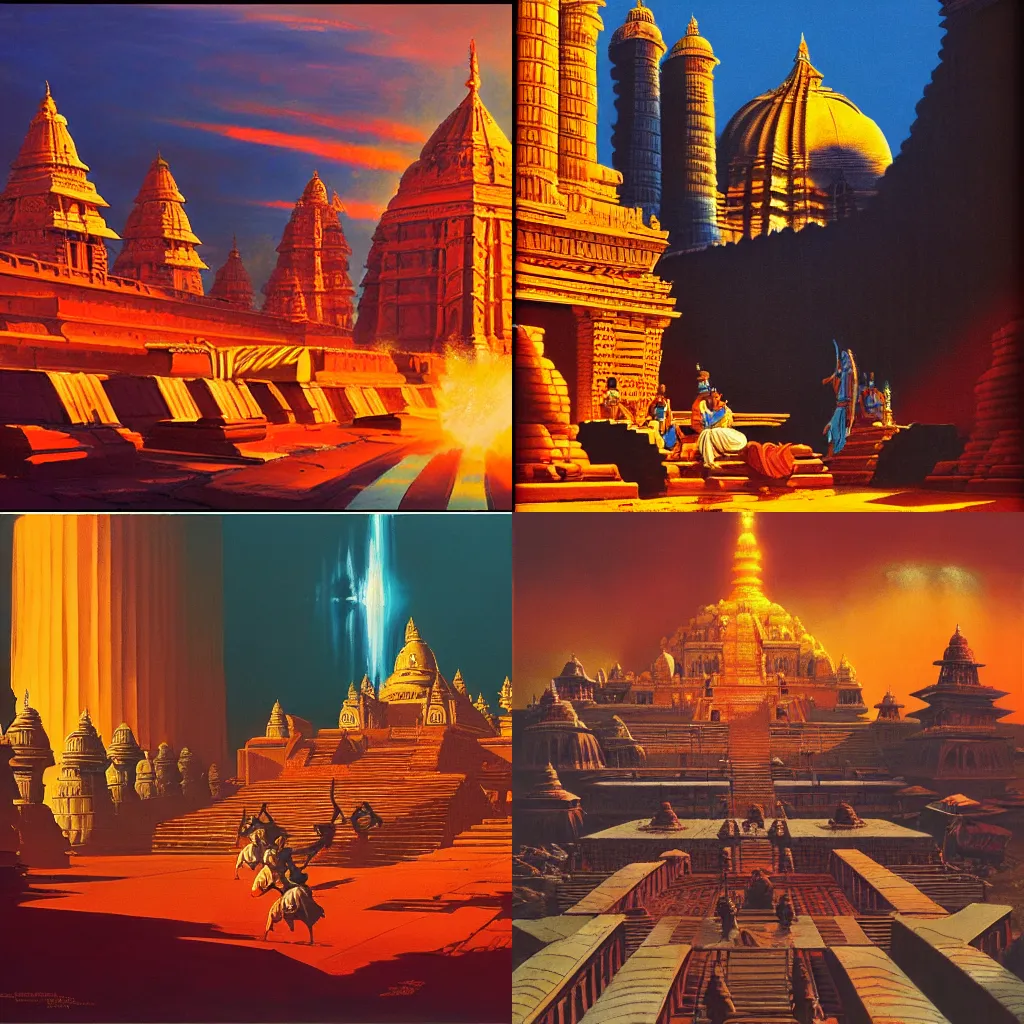 Prompt: an epic dramatic scene in the colossal city Ayodhya from Ramayan, by syd mead, by paul alexander, by mike masters, oil on canvas, masterpiece, cinematically aesthetic, dynamically beautiful, concept art, beautiful lighting, 8K