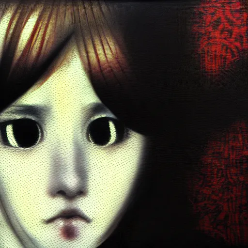 Image similar to yoshitaka amano blurred and dreamy realistic three quarter angle portrait of a young woman with short hair and black eyes wearing office suit with tie, junji ito abstract patterns in the background, satoshi kon anime, noisy film grain effect, highly detailed, renaissance oil painting, weird portrait angle, blurred lost edges