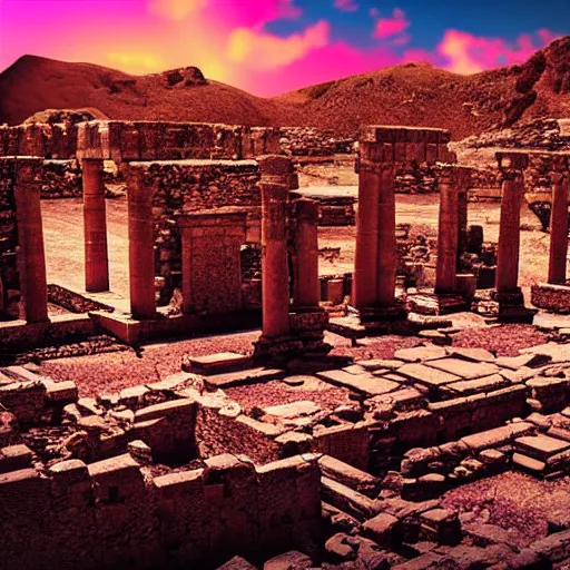 Image similar to Ancient ruins in the desert,retrowave, epic dramatic digital art,trending