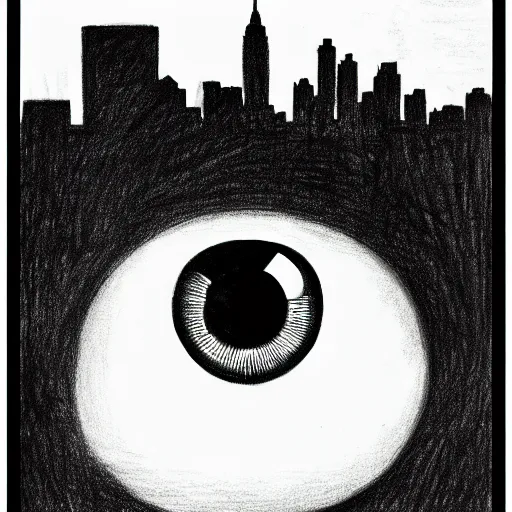 Image similar to a drawing of three realistic eyes floating over a city, black and white, vintage poster, film grain