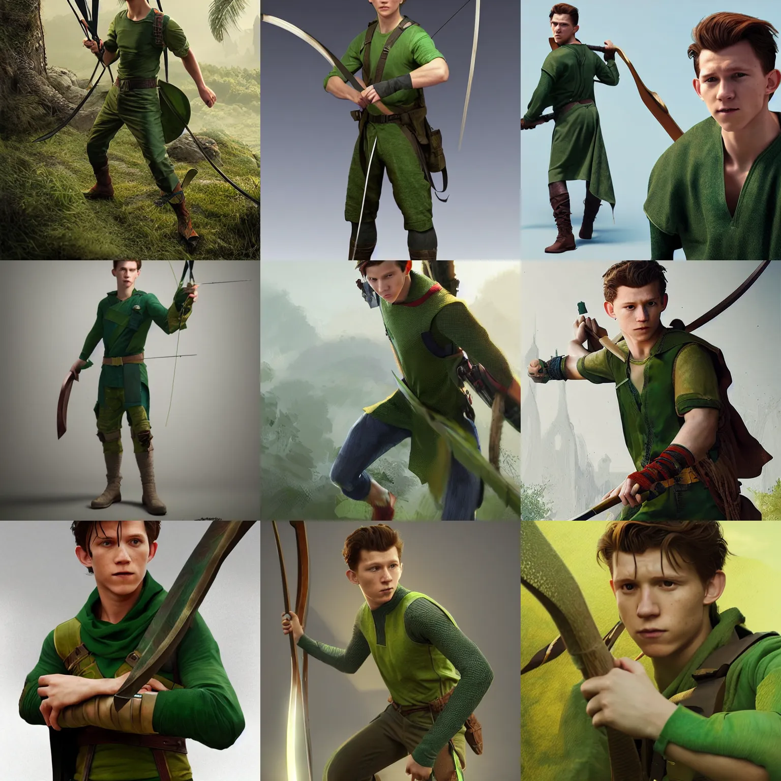 Prompt: Tom Holland wearing green tunic holding a longbow. Trending on Artstation, octane render, ultra detailed, art by Ross tran