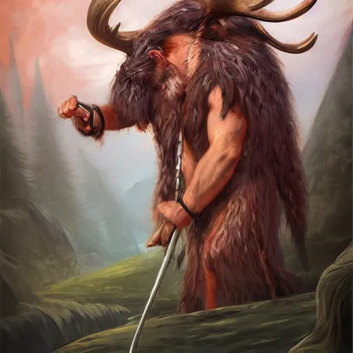 Prompt: hairy barbarian with moose head by edwin austin abbey and cyril rolando