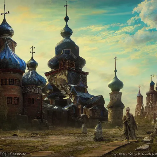 Image similar to photo ancient Slavic Russian city of Kitezh, concept art, painting by Viktor Vasnetsov, magical city, fantasy cityscape, ancient Slavs, wooden buildings, ancient Russian architecture, terem, hyperborea, top cinematic lighting , cinematic mood, very detailed, 8k, high resolution