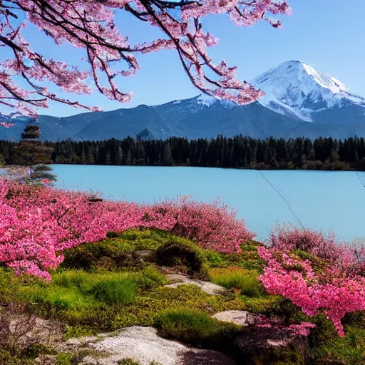 Prompt: Sakura plant forest and lakes with snow mountains at the background