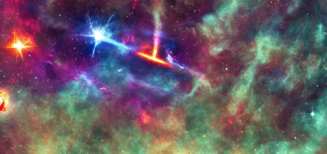 Image similar to a starsgip battle frozen in time in a courful nebulae, lasers blasting, in the style of roger dean