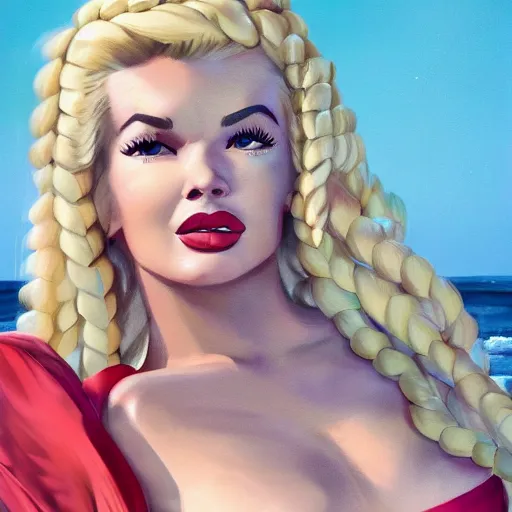 Prompt: a very beautiful Argosy Magazine illustration of Jayne Mansfield, full body, long braided curly blonde hair, twisted braids, golden watery eyes, full round face, short smile, red and yellow polka-dot bikini, serene beach setting, cinematic lighting, medium shot, mid-shot, highly detailed, trending on artstation, Cryengine, Raytracing, 4k, cinematic wallpaper by Rudolph Belarski, Mort Kunstler, Gil Elvgren, Robert Maguire, Robert Crumb, Samson Pollen, Victor Prezio, and Laurie Lipton