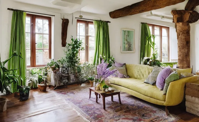 Prompt: Art Nouveau living room interior, cottage style, rustic wooden beams, couch, lavender plants, beige, light yellow, large windows, view of green trees, warm