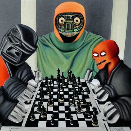 Image similar to beautiful lifelike painting of mf doom in a chess tournament with godzilla, hyperreal detailed facial features and uv lighting, art by ed roth and basil wolverton