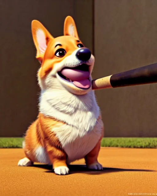 Prompt: weta disney pixar movie still photo of funny corgi with baseball bat : : dog by pixar : : by weta, greg rutkowski, wlop, ilya kuvshinov, rossdraws, artgerm, marvel, maxim cover, latex, octane render, sweaty, iridescent, bright morning, anime, liosh, mucha : :