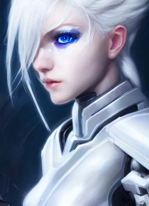 Image similar to detailed portrait of perfect white haired girl, android, warframe armor, beautiful, pretty face, blue cyborg eyes, innocent, scifi, 4 k, sun yunjoo, ultra realistic, aura of light, cinematic lighting, highly detailed, sharp focus, artstation, masterpiece, art by hyungjin yang