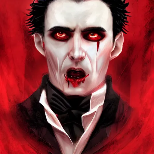 Prompt: a classical vampire, male, late - 4 0 s aged, long, slicked black hair, clean shaven, dressed in red and black, regal, grim facial expression, high fantasy, full color digital art, cinematic shot, full body shot, concept art.