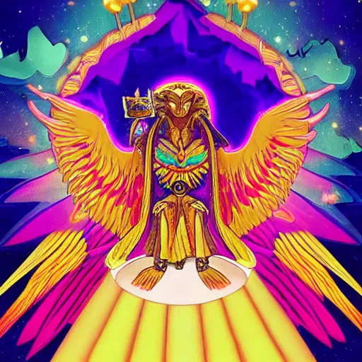 Image similar to the new aeon horus sits on a cloud throne commanding his followers below, lisa frank pattern best image ever highest detail most thoughtful award winning