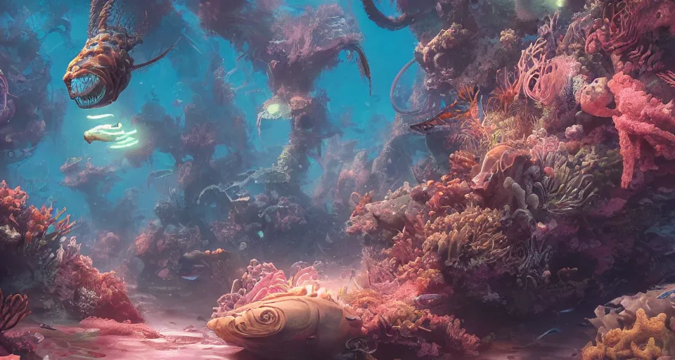 Prompt: a beautiful detailed matte painting of underwater creatures by alejandro burdisio, by greg tocchini, by james gilleard, dynamic lighting, bioluminescence, vibrant, clean, ultra detailed, sharp, digital detailed environment, octane render, cgsociety, 8 k hdr, artstation