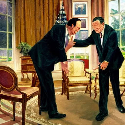 Image similar to walter kronkite slapping president richard nixon in the oval office, highly detailed, elegant, an oil painting by ross tran and thomas kincade, realistic lighting,