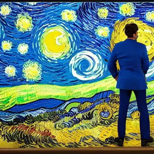 Image similar to joyous, fit, powerful, vincent van gogh standing next to his small painting starry night which is on an easel, stop motion vinyl action figure, plastic, toy, butcher billy style
