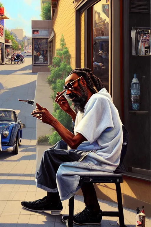 Image similar to an old man sitting in front of a barber shop, smoking a weed with snoop dogg!!, realism, intricate, elegant, highly detailed, digital painting, artstation, concept art, smooth, sharp focus, illustration, art by joongwon charles jeong and mike dargas